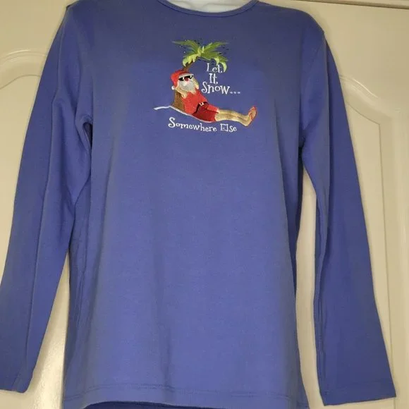 Santa On a Beach Christmas "Let It Snow Somewhere Else" Blue Longsleeve Lg Shirt - Picture 11 of 13